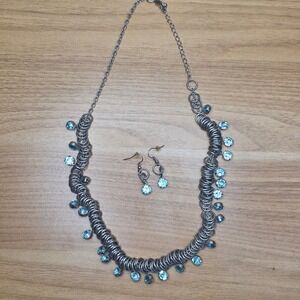 Silver Chainmail Bib Necklace and Blue Rhinestone Earring Set Statement Jewelry